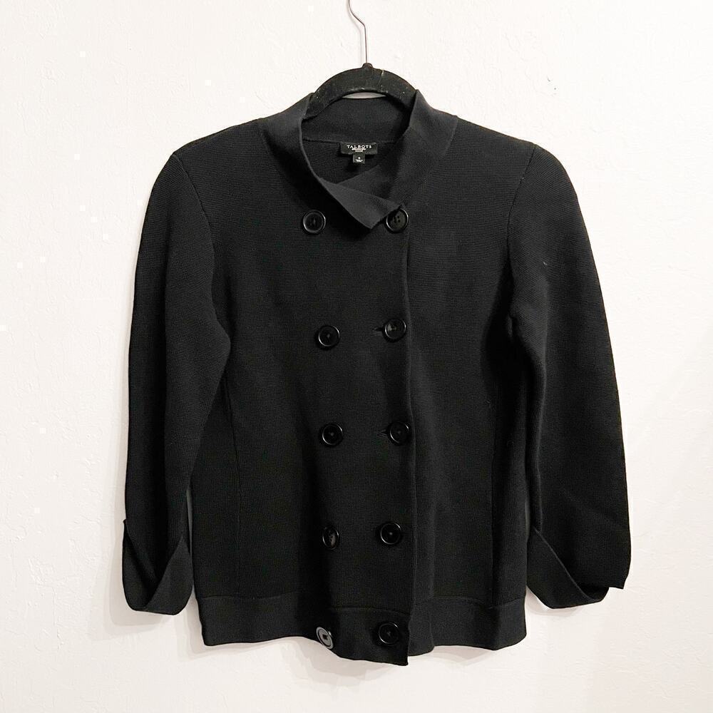 Talbots Petites Sweater Cardigan Jacket Small Black Classic Button Knit Cotton